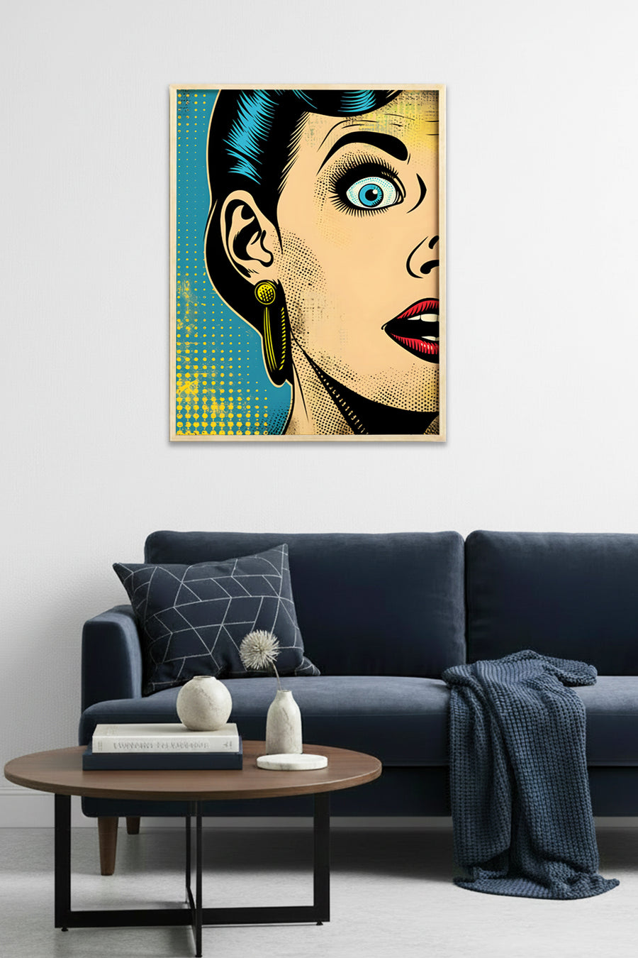 Doğal Ahşap Çerçeveli Pop Art Portre Tablo - Retro Mavi-Sarı | huhu1887