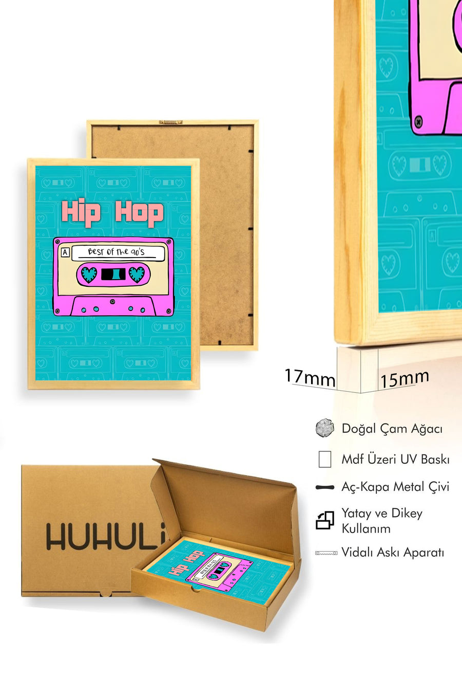 Doğal Ahşap Çerçeveli Retro Grafikli Tablo - Hip Hop 90lar | huhu1890