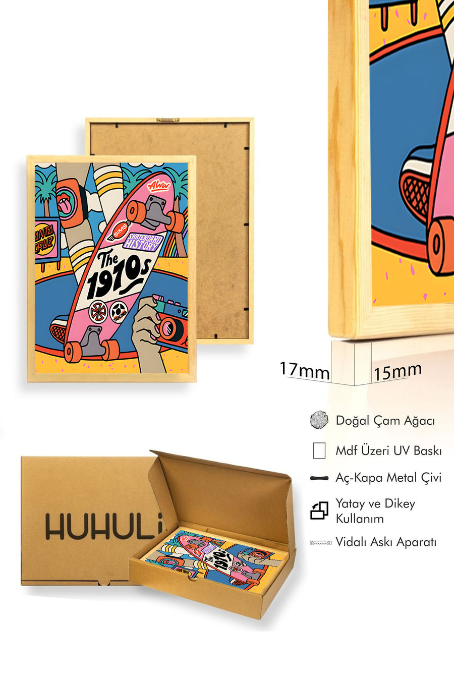 Doğal Ahşap Çerçeveli Vintage Skateboard Tablo - Pop Art Grafikleri | huhu1892