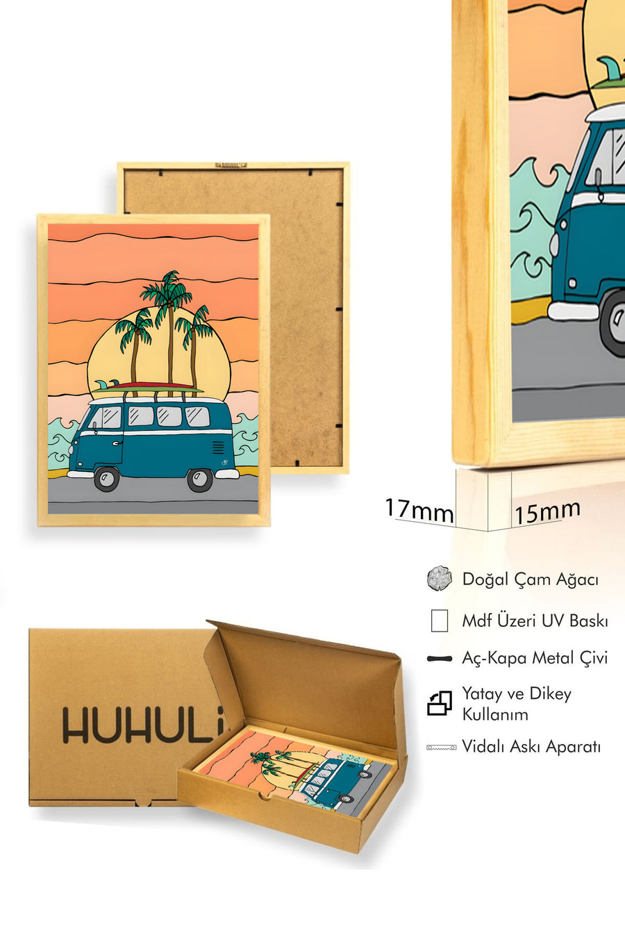 Doğal Ahşap Çerçeveli Tropikal Desenli Tablo - Retro VW Otobüs | huhu1900