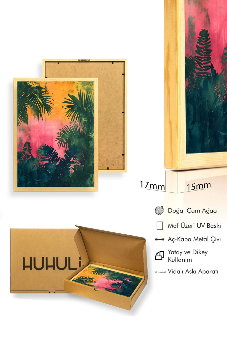 Doğal Ahşap Çerçeveli Yaprak Desenli Tablo - Tropikal Orman | Turuncu-Pembe | huhu1906