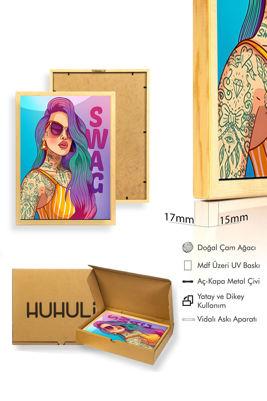 Doğal Ahşap Çerçeveli Pop Art Desenli Tablo - Canlı Renkler | huhu1913