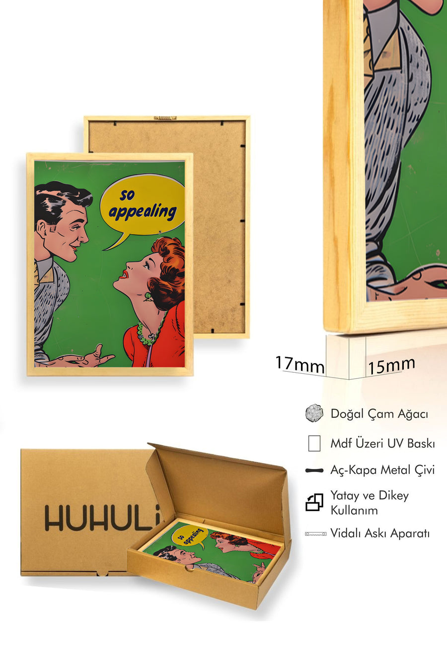 Doğal Ahşap Çerçeveli Vintage İllüstrasyon Tablo - Pop Art Tarzı | huhu1915