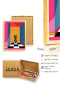 Doğal Ahşap Çerçeveli Geometrik Desenli Tablo - Retro | Pembe-Turuncu | huhu1919