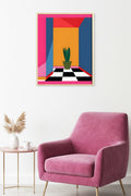 Doğal Ahşap Çerçeveli Geometrik Desenli Tablo - Retro | Pembe-Turuncu | huhu1919