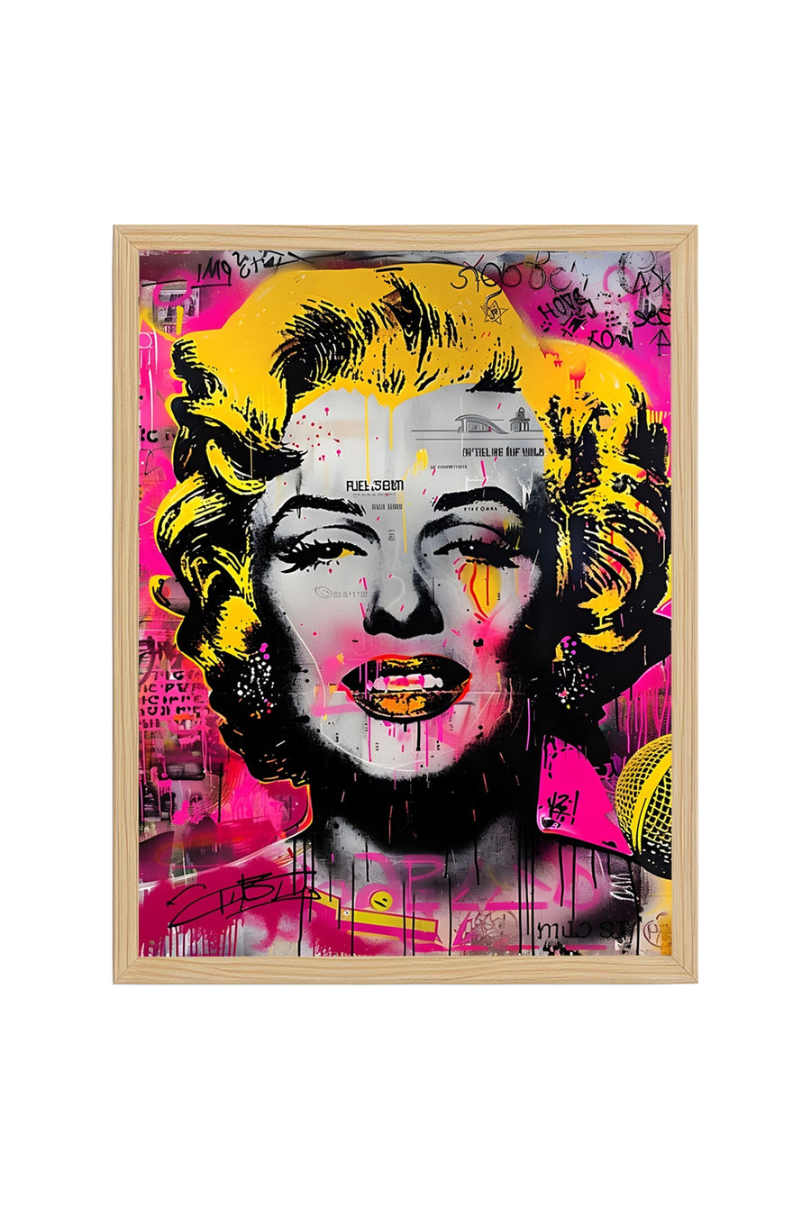 Doğal Ahşap Çerçeveli Sarı-Pembe Grafik Desenli Tablo - Pop Art | huhu1923