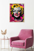 Doğal Ahşap Çerçeveli Sarı-Pembe Grafik Desenli Tablo - Pop Art | huhu1923