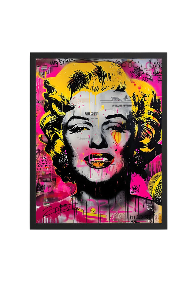 Doğal Ahşap Çerçeveli Sarı-Pembe Grafik Desenli Tablo - Pop Art | huhu1923