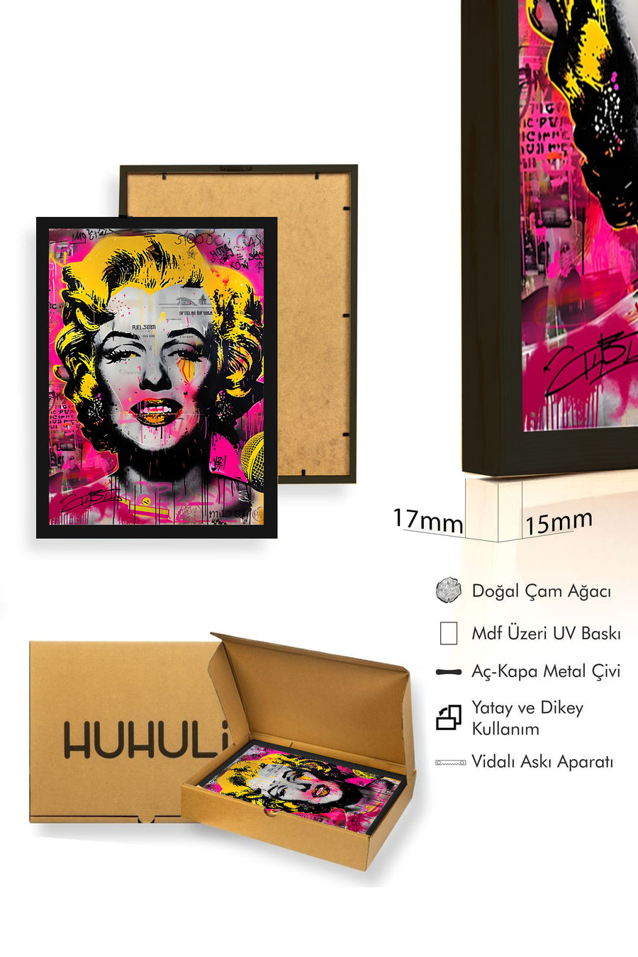Doğal Ahşap Çerçeveli Sarı-Pembe Grafik Desenli Tablo - Pop Art | huhu1923