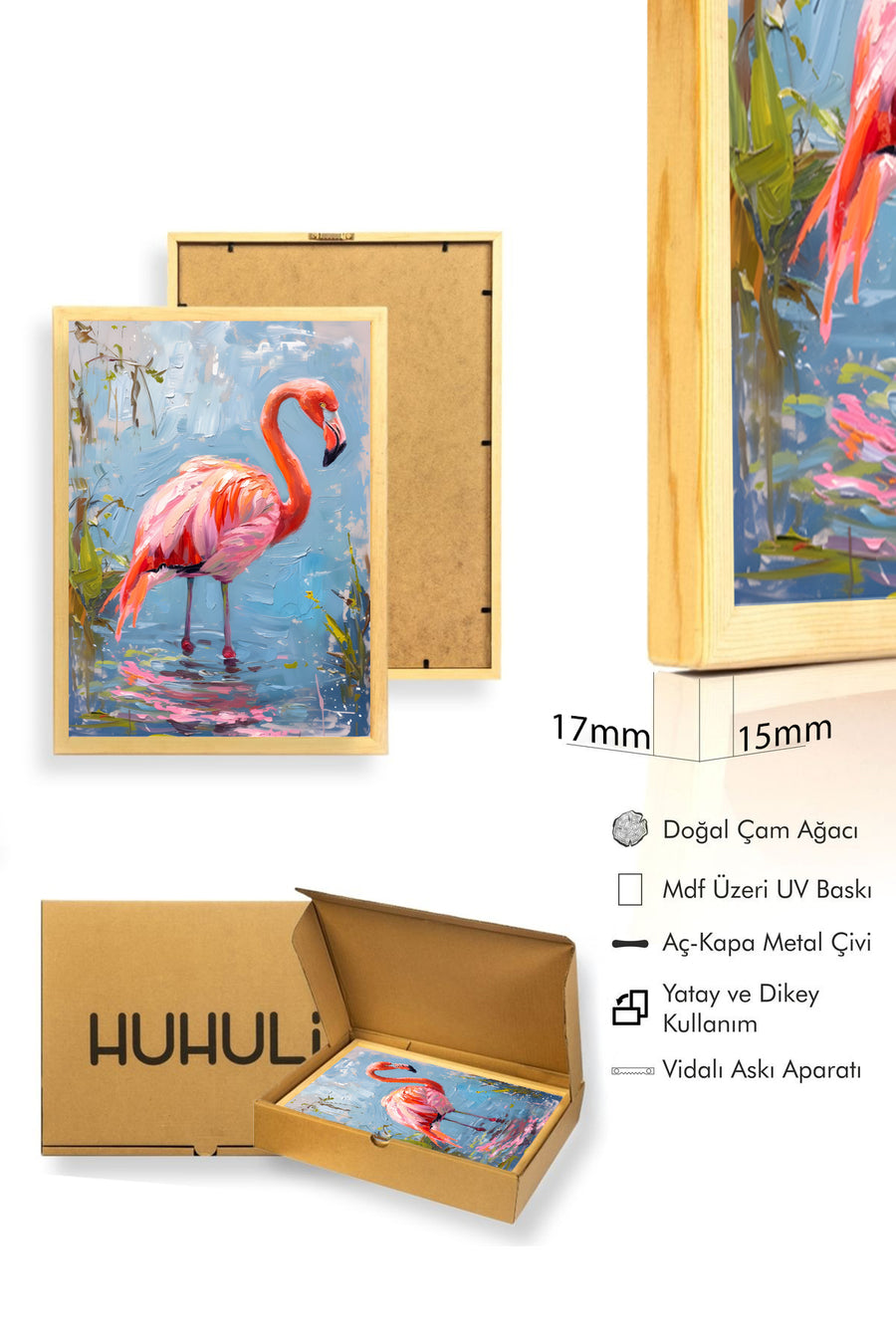 Doğal Ahşap Çerçeveli Flamingo Tablo - Pembe ve Mavi Tonlar | huhu1926