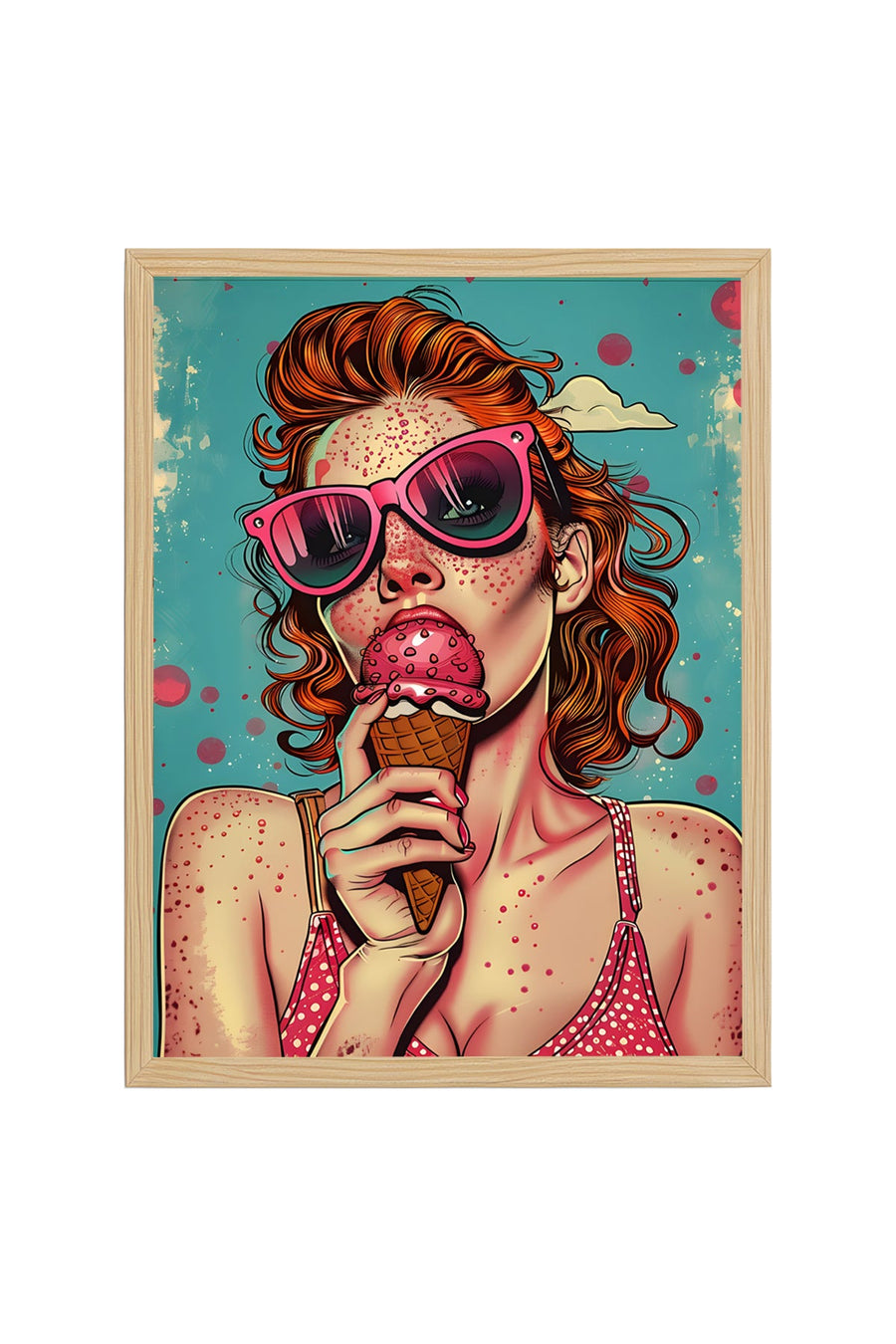 Doğal Ahşap Çerçeveli Pembe Tonlu Pop Art Desenli Tablo - Retro | huhu1936