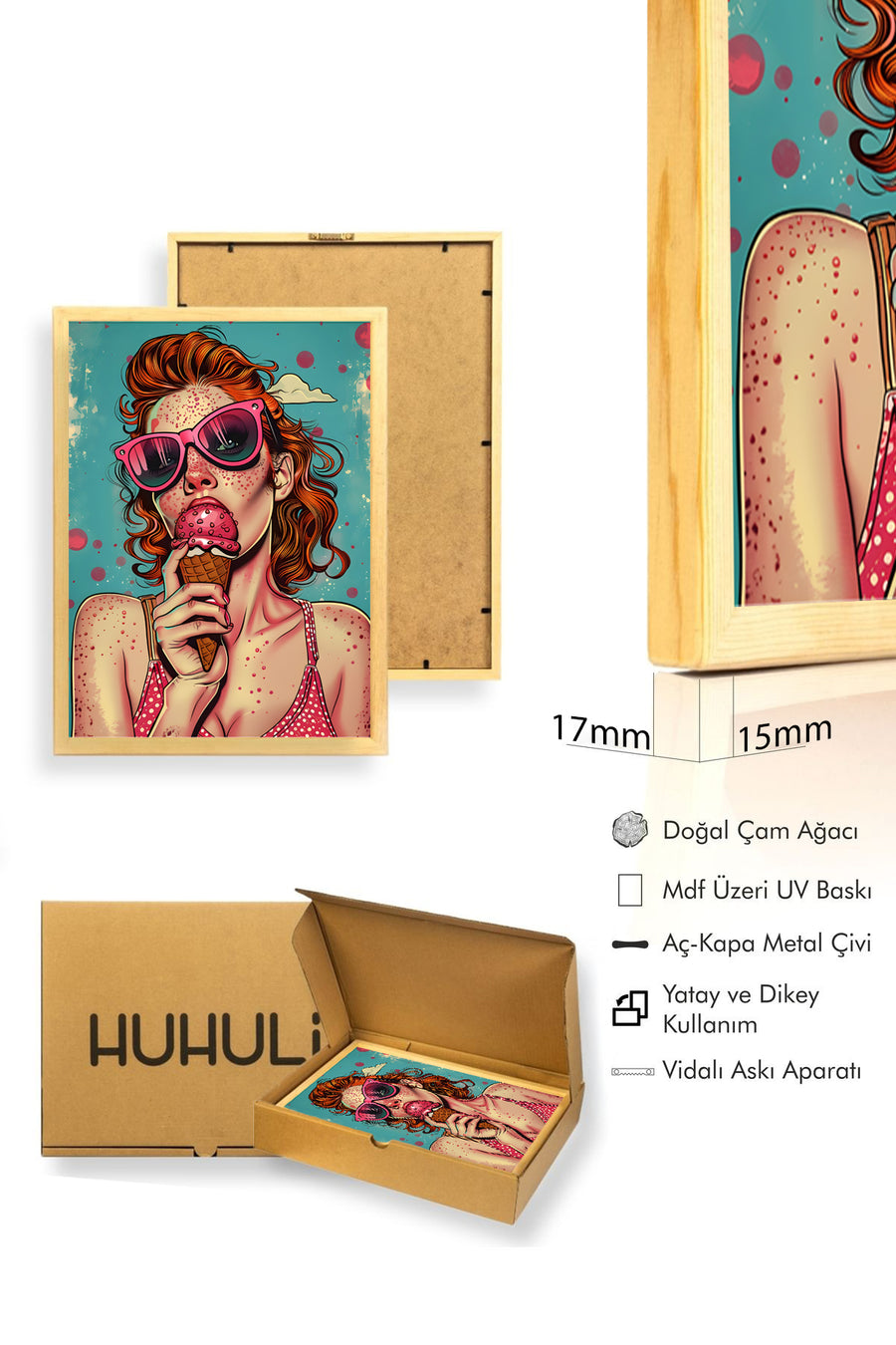 Doğal Ahşap Çerçeveli Pembe Tonlu Pop Art Desenli Tablo - Retro | huhu1936