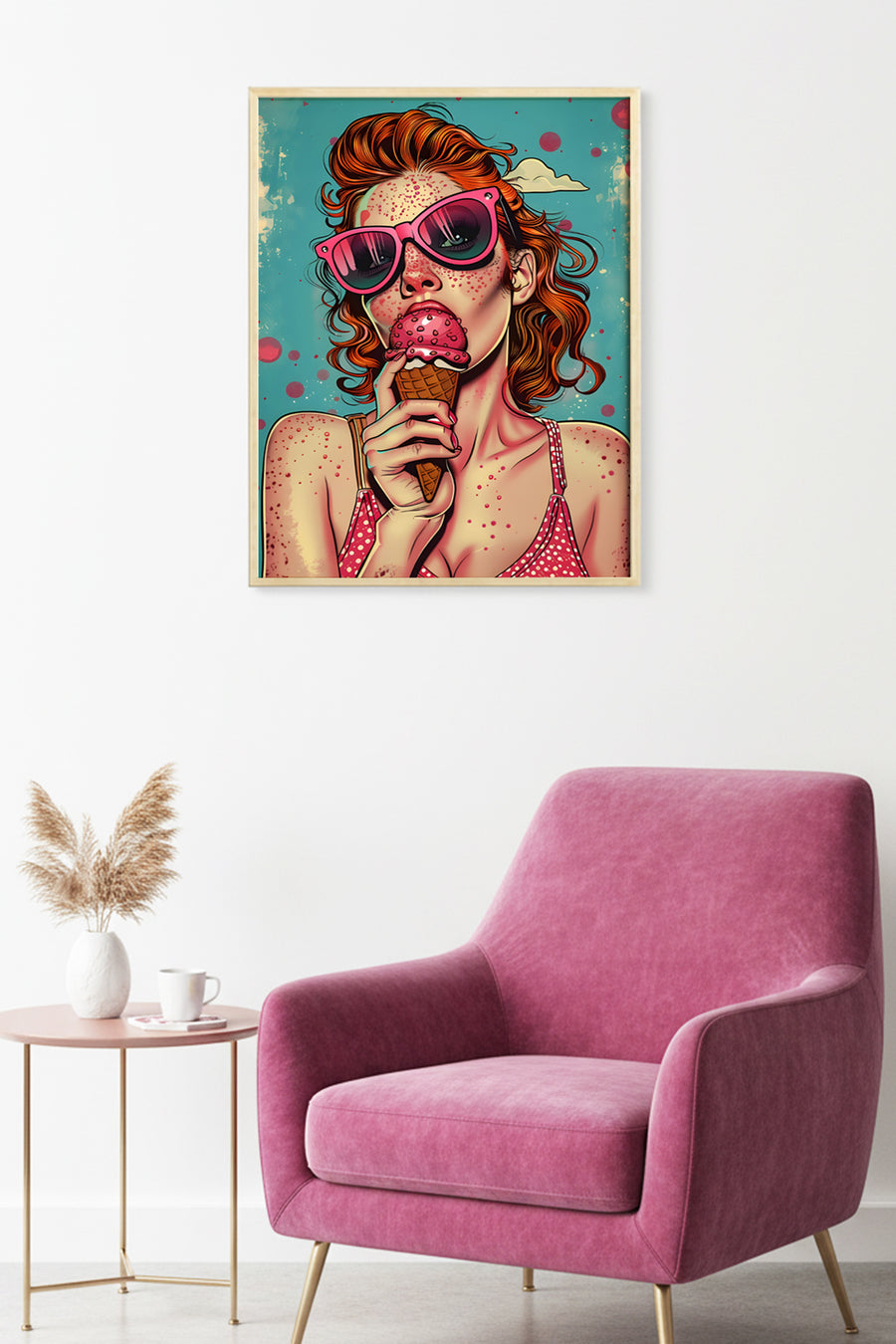 Doğal Ahşap Çerçeveli Pembe Tonlu Pop Art Desenli Tablo - Retro | huhu1936