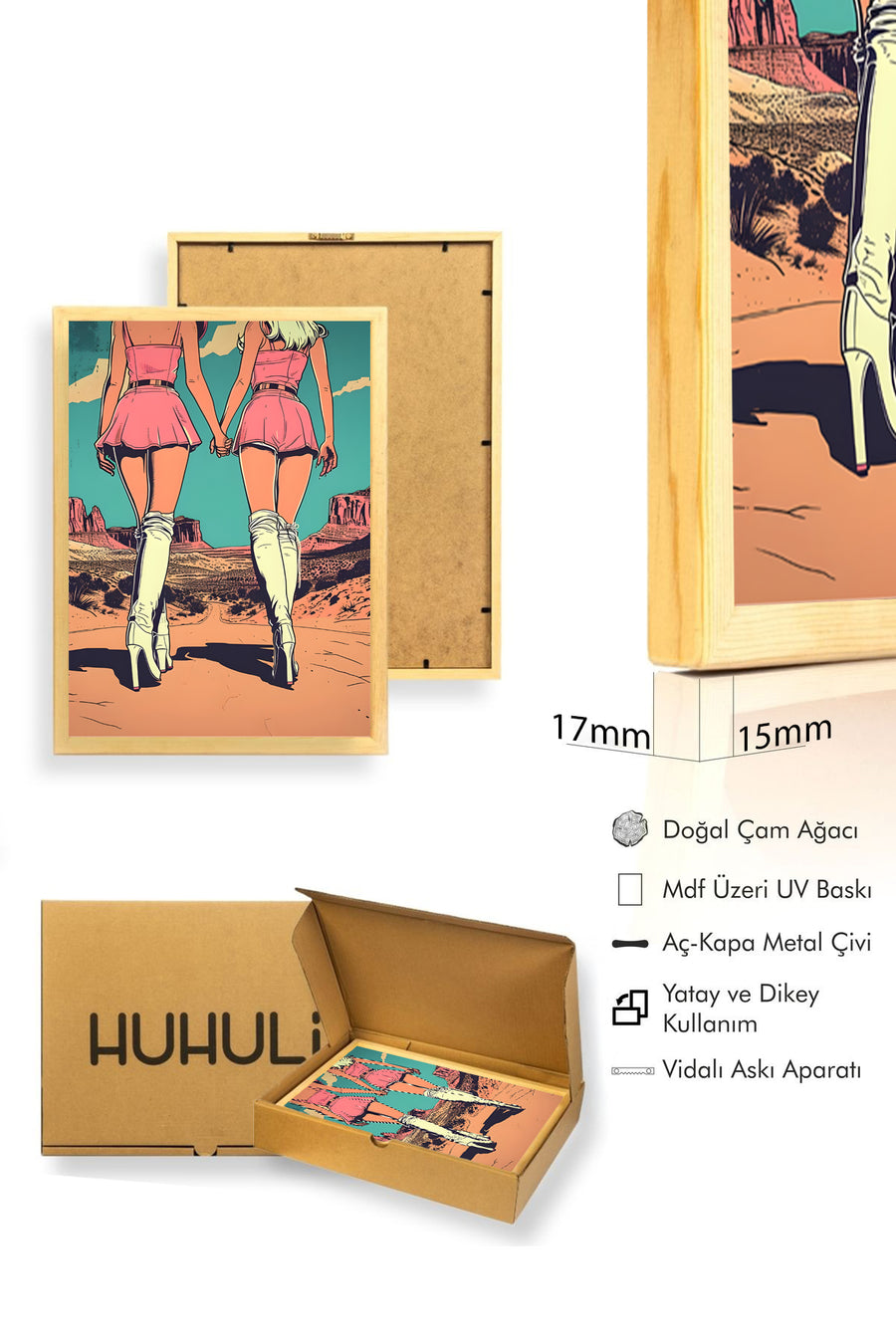 Doğal Ahşap Çerçeveli Pembe Turkuaz İllüstratif Tablo - Retro Desen | huhu1937