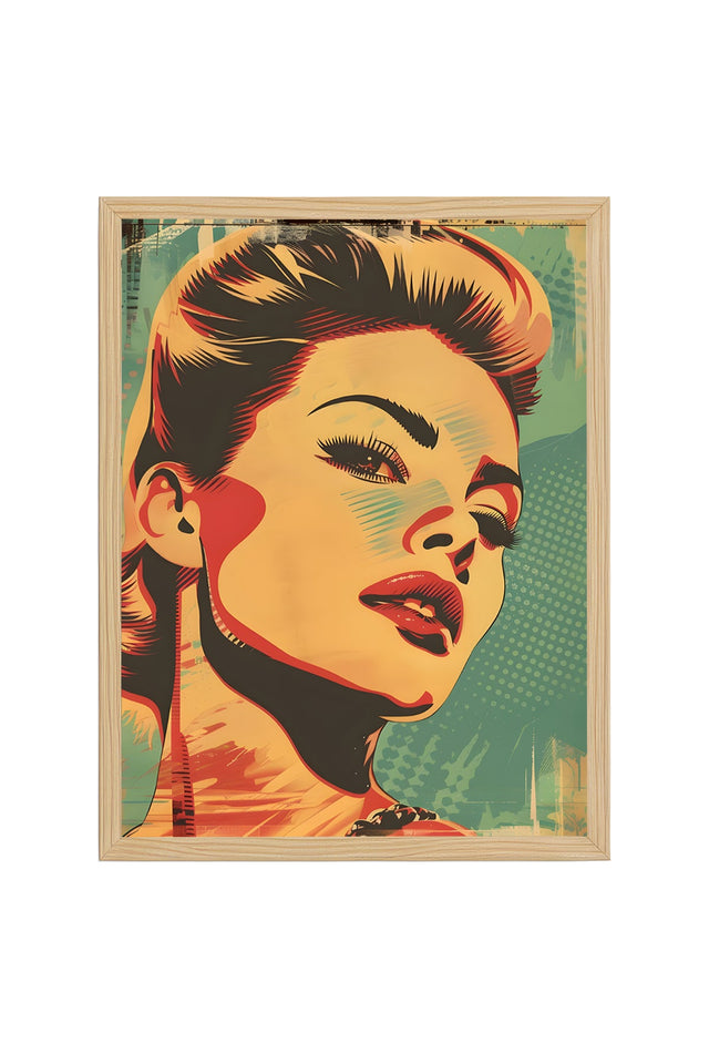 Doğal Ahşap Çerçeveli Pop Art Portre Tablo - Sarı Kırmızı Tonlar | huhu1941