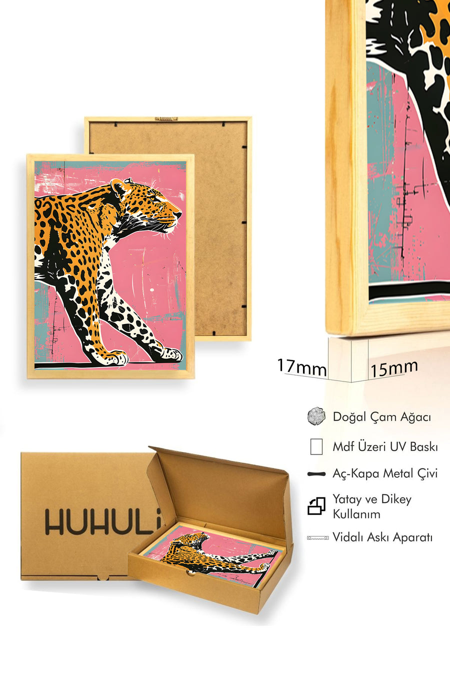 Doğal Ahşap Çerçeveli Leopar Desenli Tablo - Canlı Tonlar | huhu1951