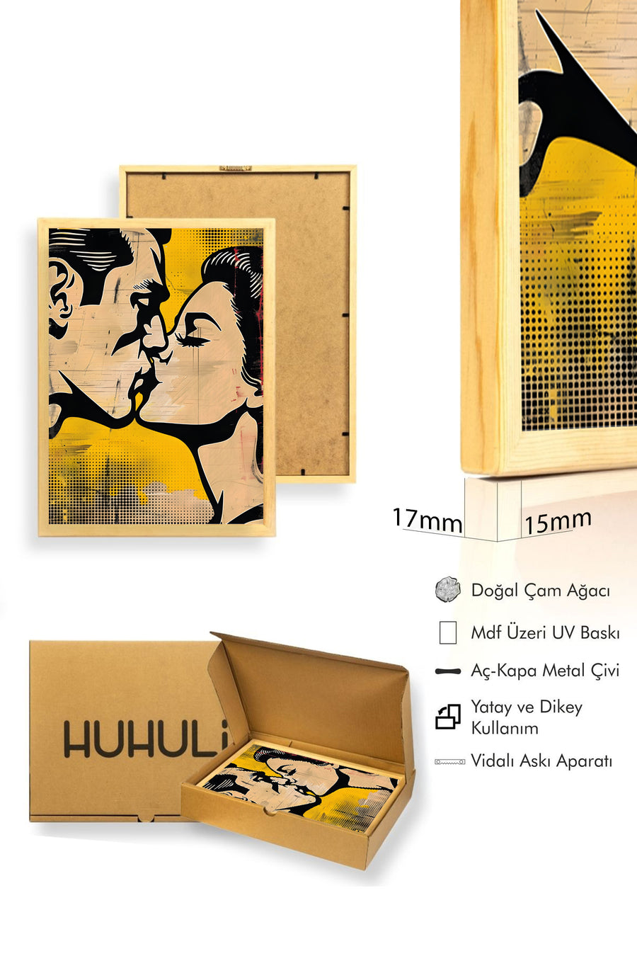 Doğal Ahşap Çerçeveli Soyut Grafik Desenli Tablo - Siyah Sarı | Modern | huhu1953