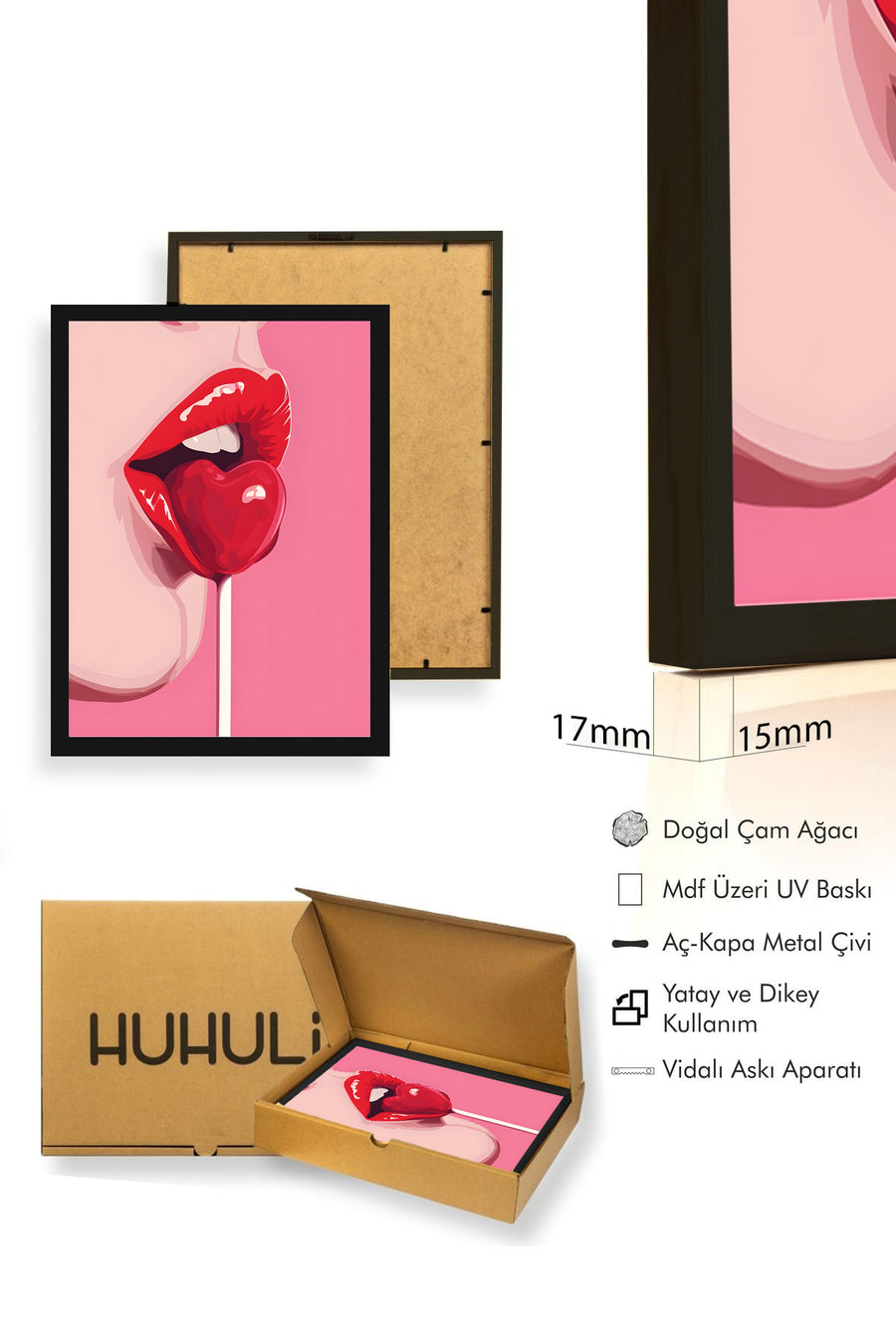 Doğal Ahşap Çerçeveli Kırmızı Dudak Desenli Tablo - Pop Art Tarzı | huhu1955