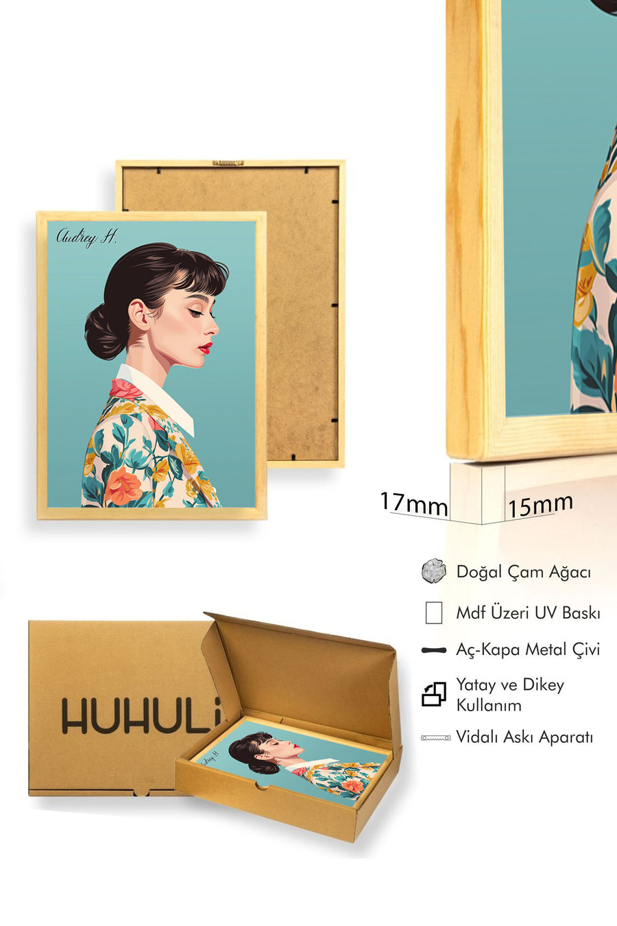 Doğal Ahşap Çerçeveli Çiçek Desenli Tablo - Retro Tonlar | huhu1958
