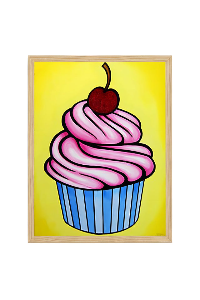Doğal Ahşap Çerçeveli Tatlı Cupcake Desenli Tablo - Pembe Kırmızı | huhu1967