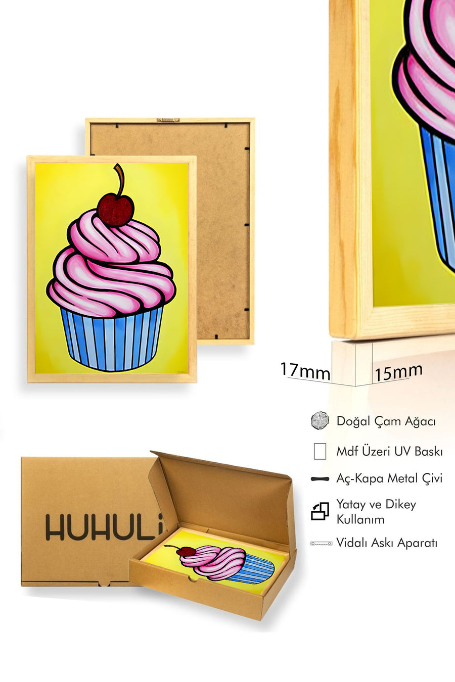 Doğal Ahşap Çerçeveli Tatlı Cupcake Desenli Tablo - Pembe Kırmızı | huhu1967