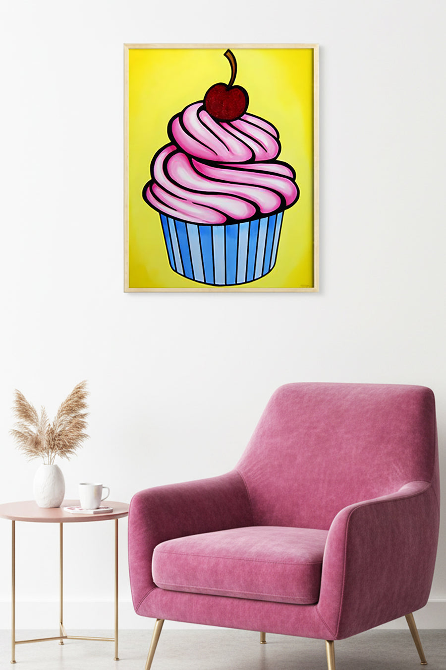 Doğal Ahşap Çerçeveli Tatlı Cupcake Desenli Tablo - Pembe Kırmızı | huhu1967