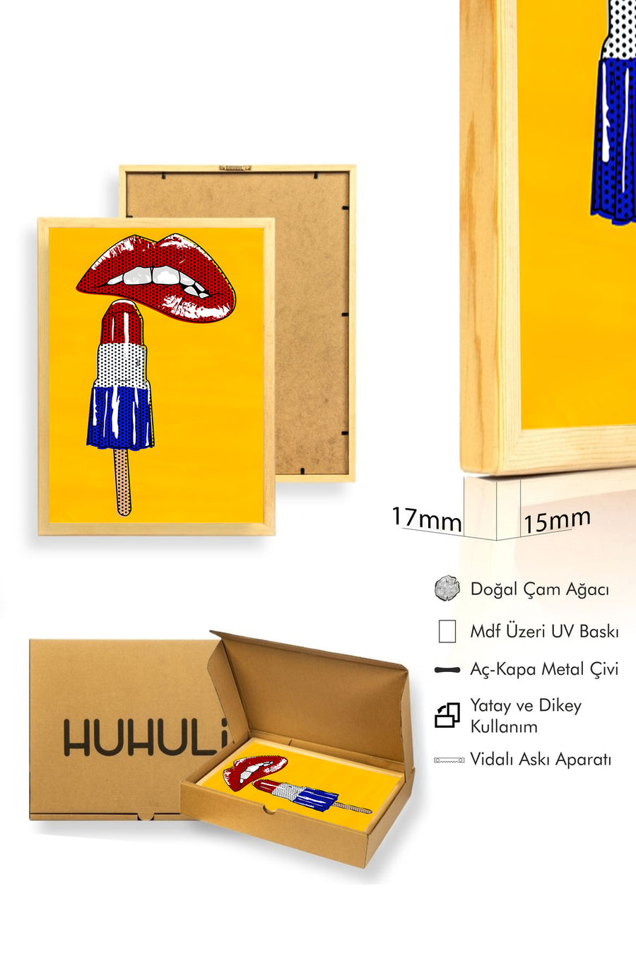 Doğal Ahşap Çerçeveli Pop Art Desenli Tablo - Kırmızı-Mavi | huhu1971