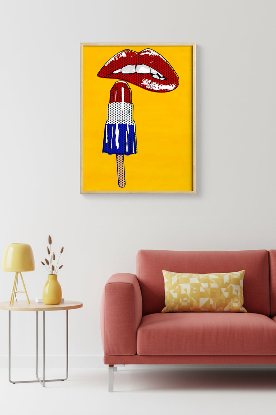 Doğal Ahşap Çerçeveli Pop Art Desenli Tablo - Kırmızı-Mavi | huhu1971