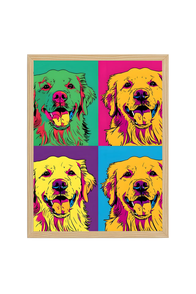 Doğal Ahşap Çerçeveli Pop Art Köpek Tablo - Canlı Tonlar | huhu1974
