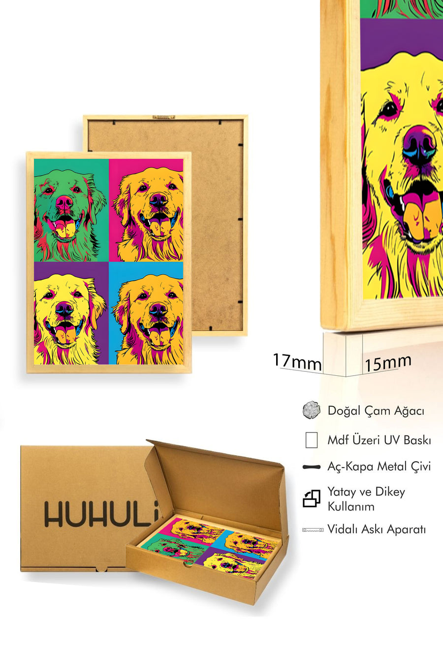 Doğal Ahşap Çerçeveli Pop Art Köpek Tablo - Canlı Tonlar | huhu1974
