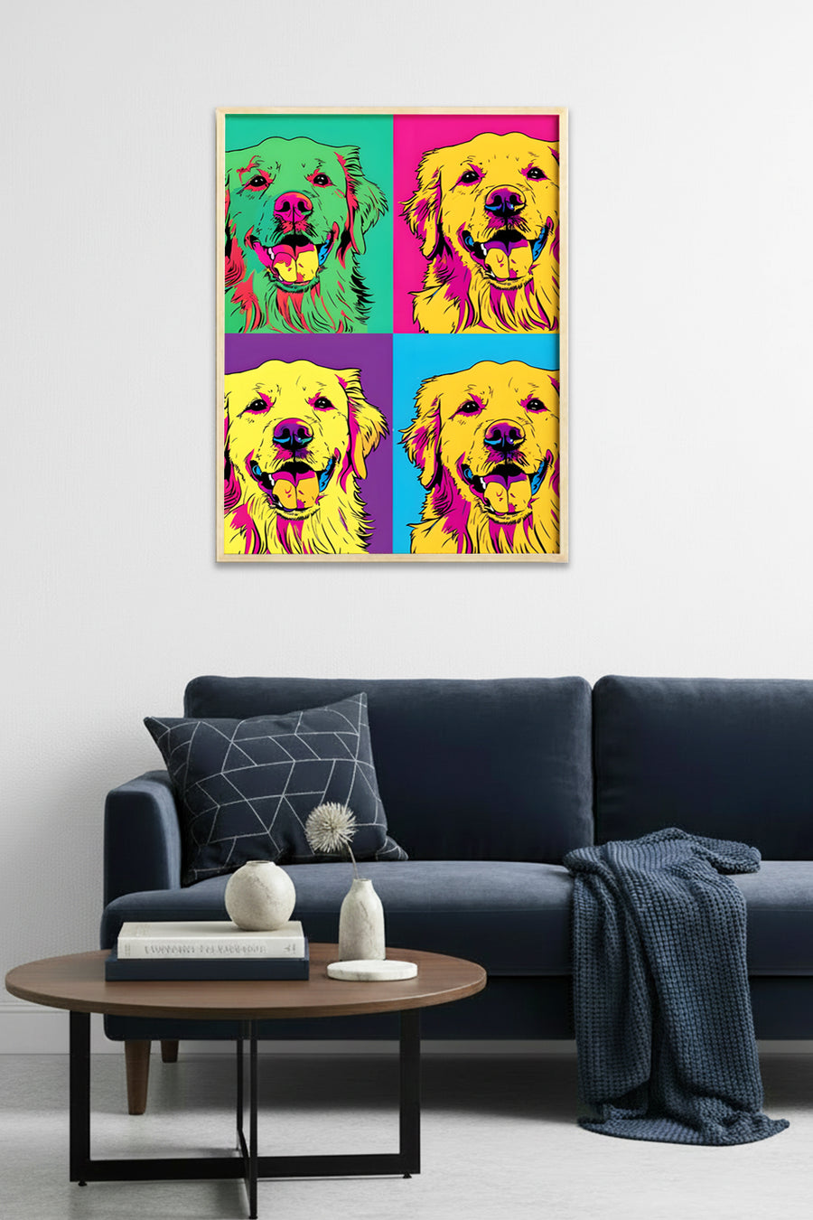 Doğal Ahşap Çerçeveli Pop Art Köpek Tablo - Canlı Tonlar | huhu1974