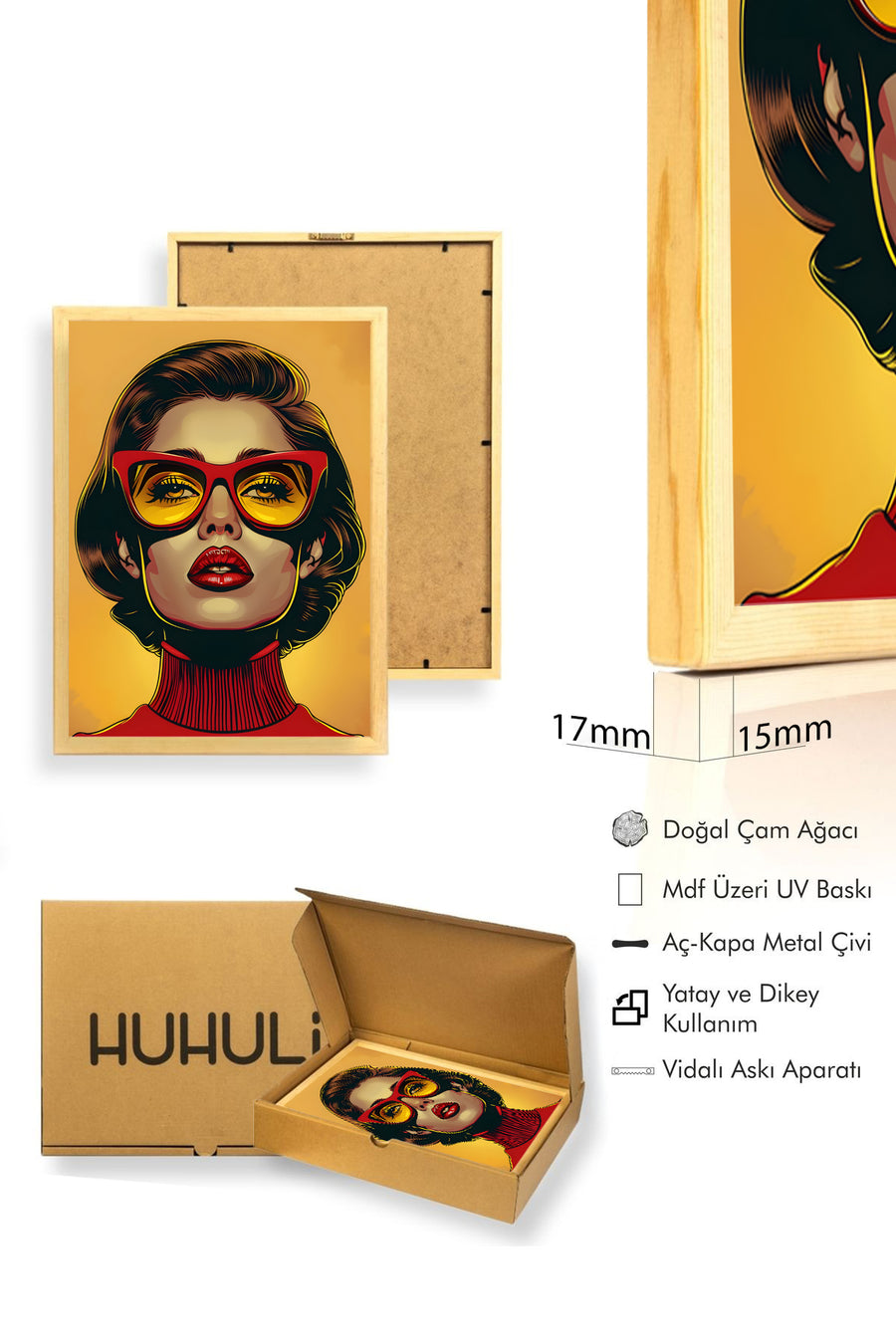 Doğal Ahşap Çerçeveli Retro Portre Tablo - Kırmızı Pop Art | huhu1975