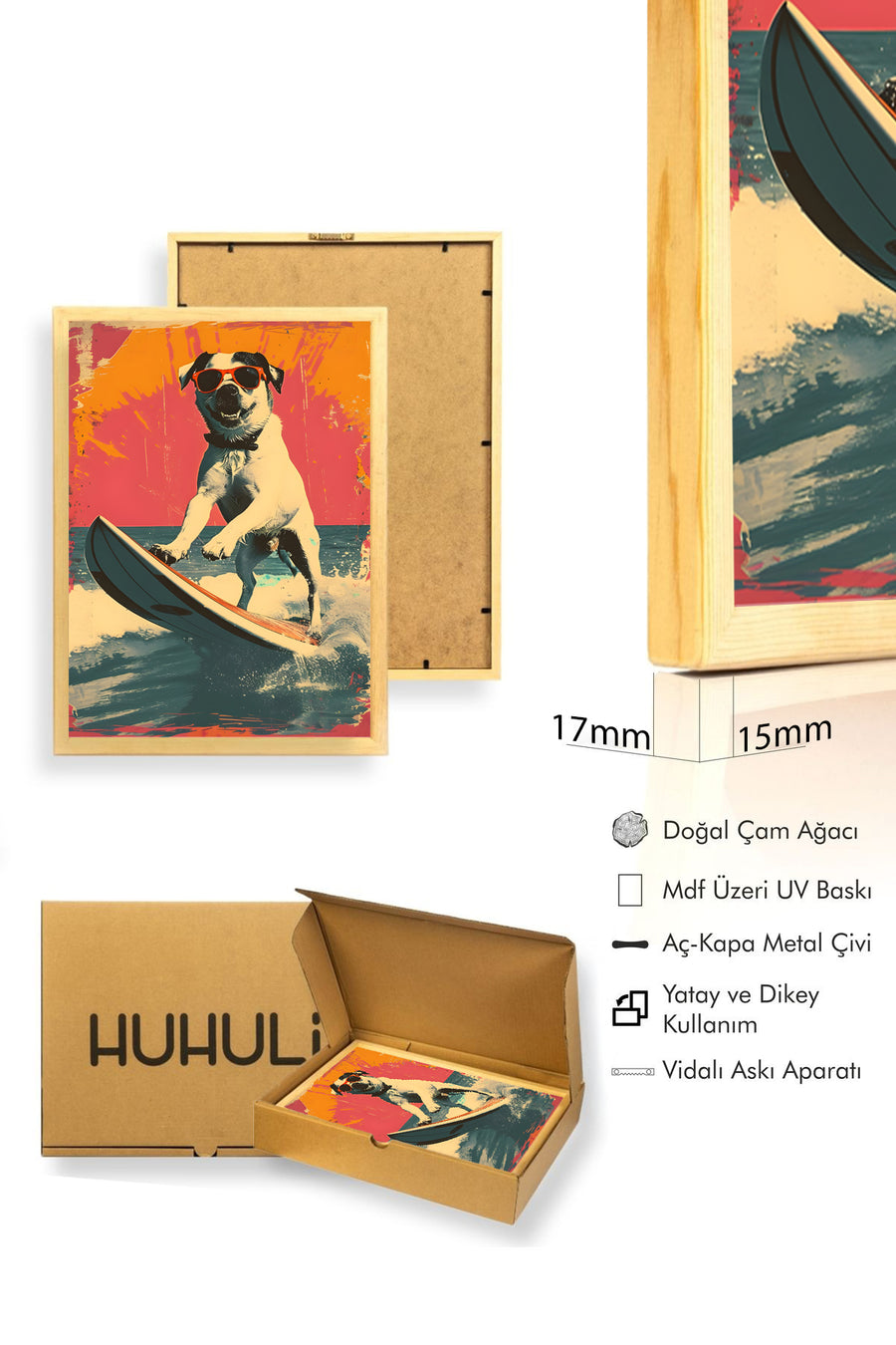 Doğal Ahşap Çerçeveli Retro Köpek Surf Tablo - Turuncu Tonlar | huhu1984