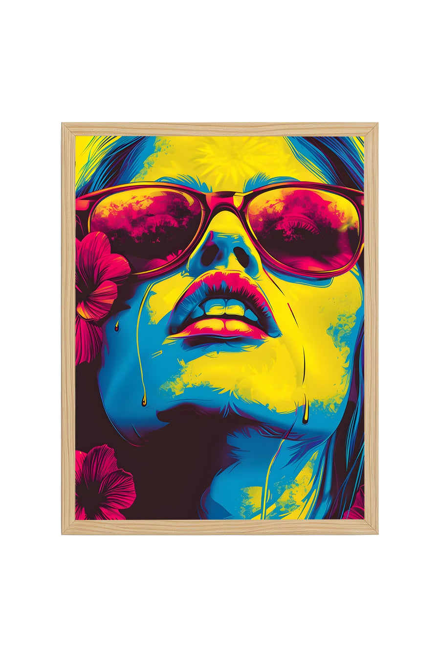 Doğal Ahşap Çerçeveli Pop Art Portre Tablo - Canlı Sarı-Pembe Tonlar | huhu1986