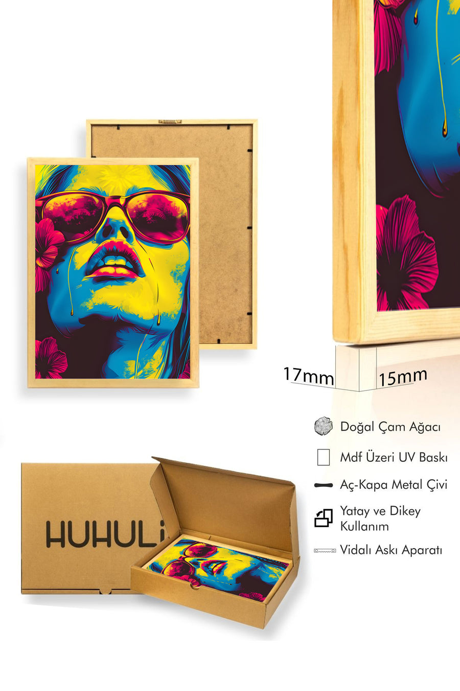 Doğal Ahşap Çerçeveli Pop Art Portre Tablo - Canlı Sarı-Pembe Tonlar | huhu1986