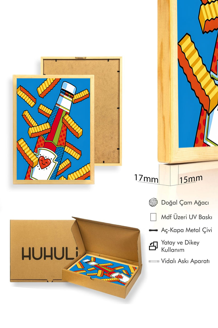 Doğal Ahşap Çerçeveli Pop Art Desenli Tablo - Kırmızı Sarı Canlı Tonlar | huhu1989