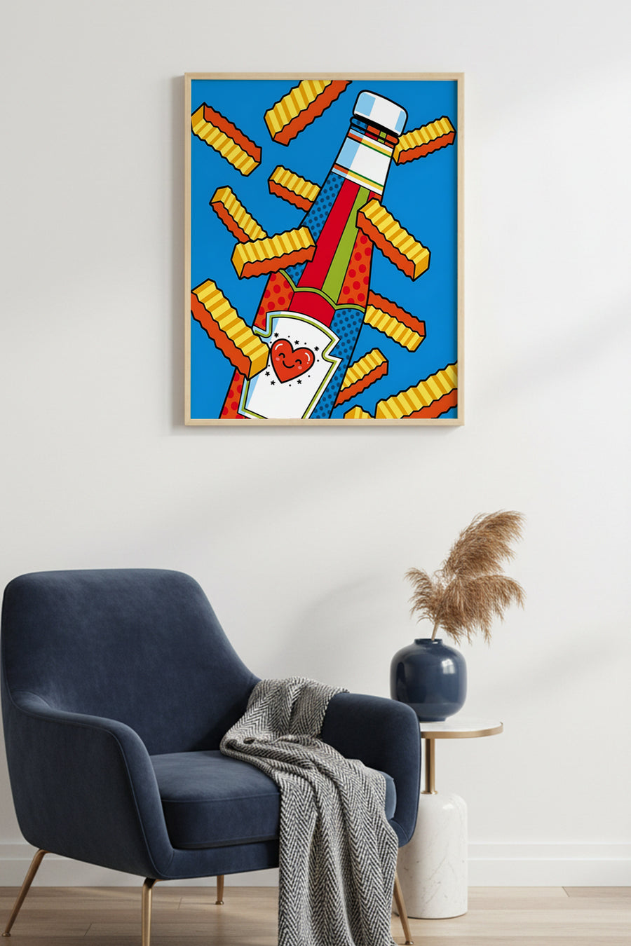 Doğal Ahşap Çerçeveli Pop Art Desenli Tablo - Kırmızı Sarı Canlı Tonlar | huhu1989