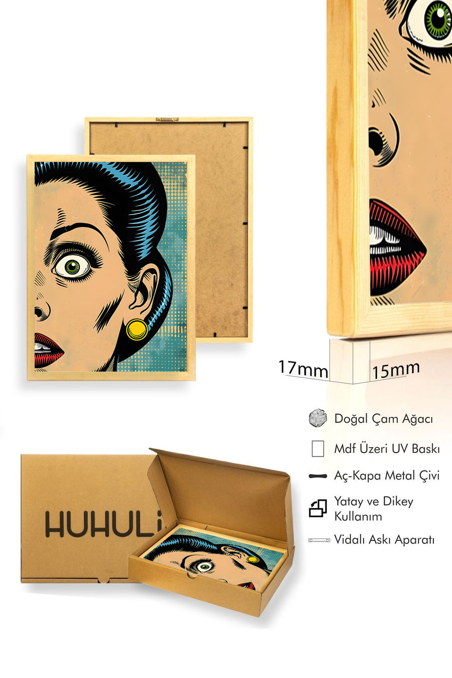 Doğal Ahşap Çerçeveli Pop Art Desenli Portre Tablo - Vintage | huhu1995