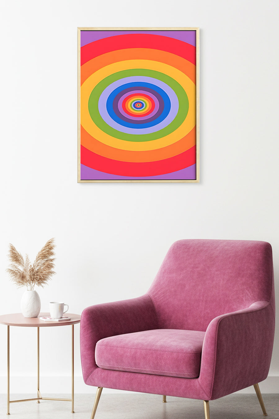 Doğal Ahşap Çerçeveli Gökkuşağı Geometrik Desenli Tablo - Canlı Tonlar | huhu2006