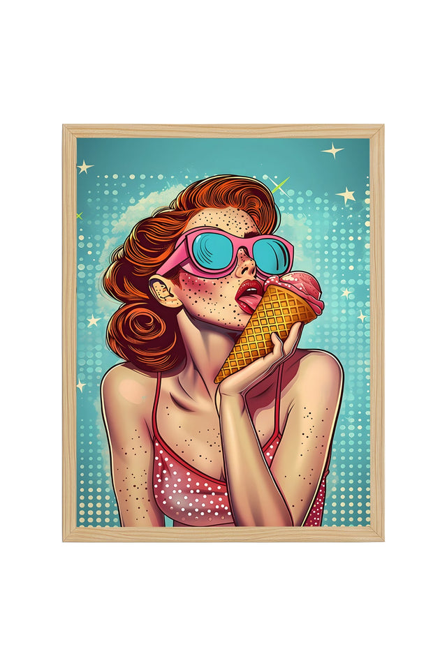 Doğal Ahşap Çerçeveli Retro Pop Art Desenli Tablo - Yaz Teması | huhu2007