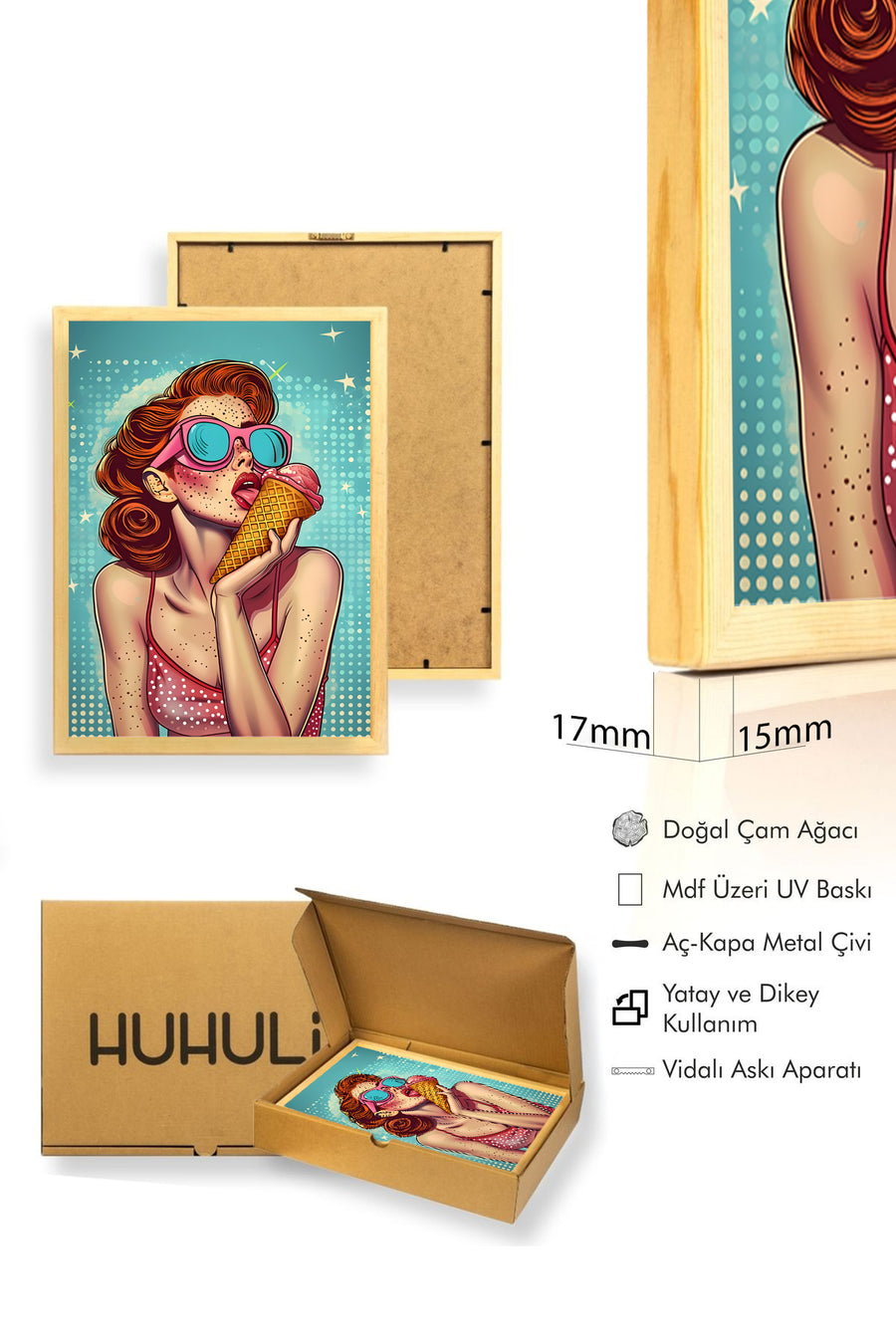 Doğal Ahşap Çerçeveli Retro Pop Art Desenli Tablo - Yaz Teması | huhu2007
