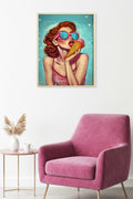 Doğal Ahşap Çerçeveli Retro Pop Art Desenli Tablo - Yaz Teması | huhu2007