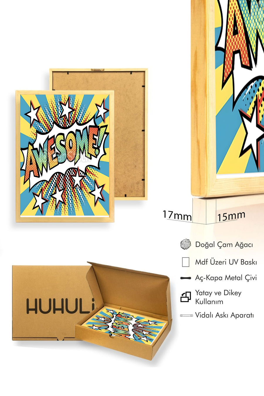 Doğal Ahşap Çerçeveli Pop Art Tarzı Tablo - Sarı-Mavi Retro Desen | huhu2008