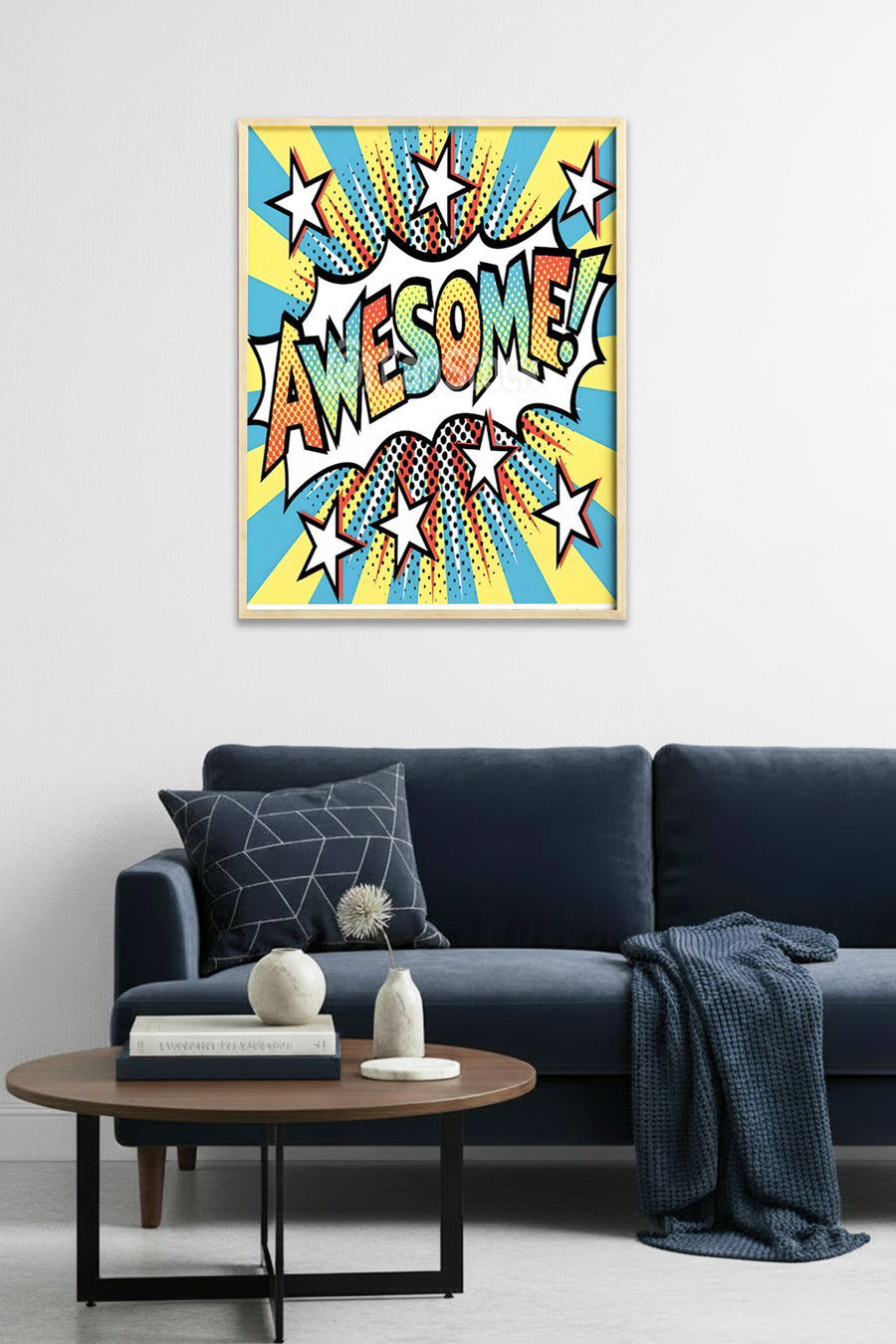 Doğal Ahşap Çerçeveli Pop Art Tarzı Tablo - Sarı-Mavi Retro Desen | huhu2008