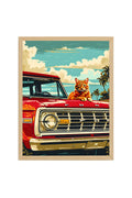 Doğal Ahşap Çerçeveli Retro Araba Desenli Tablo - Kedi Temalı | huhu2012