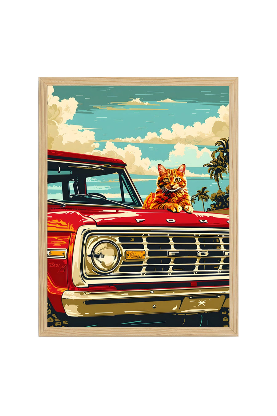 Doğal Ahşap Çerçeveli Retro Araba Desenli Tablo - Kedi Temalı | huhu2012