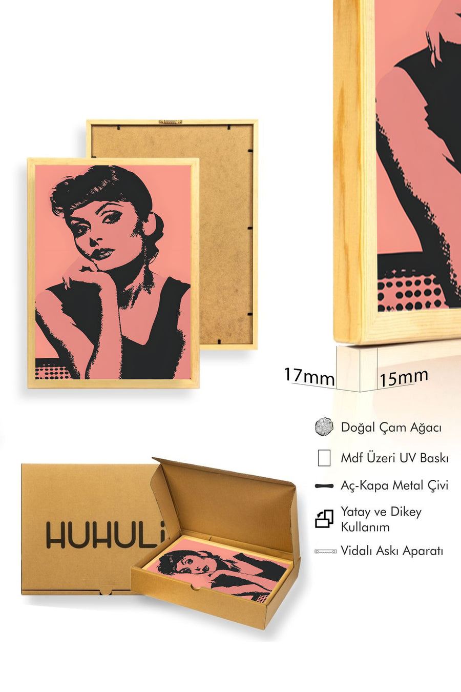 Doğal Ahşap Çerçeveli Portre Tablo - Retro Siyah Pembe Çizim | huhu2013
