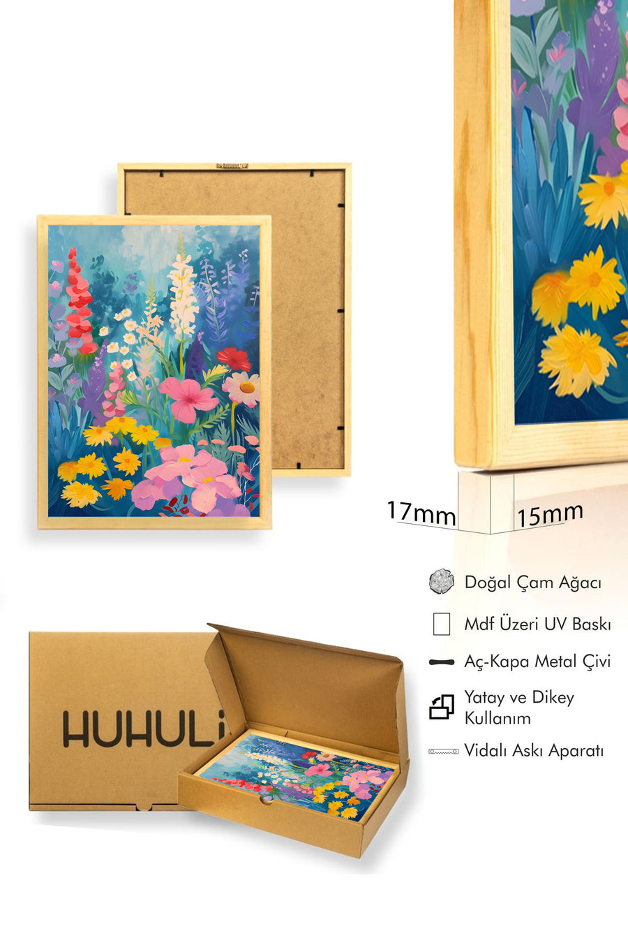 Doğal Ahşap Çerçeveli Botanikal Desenli Tablo - Pastel Tonlar | huhu2014