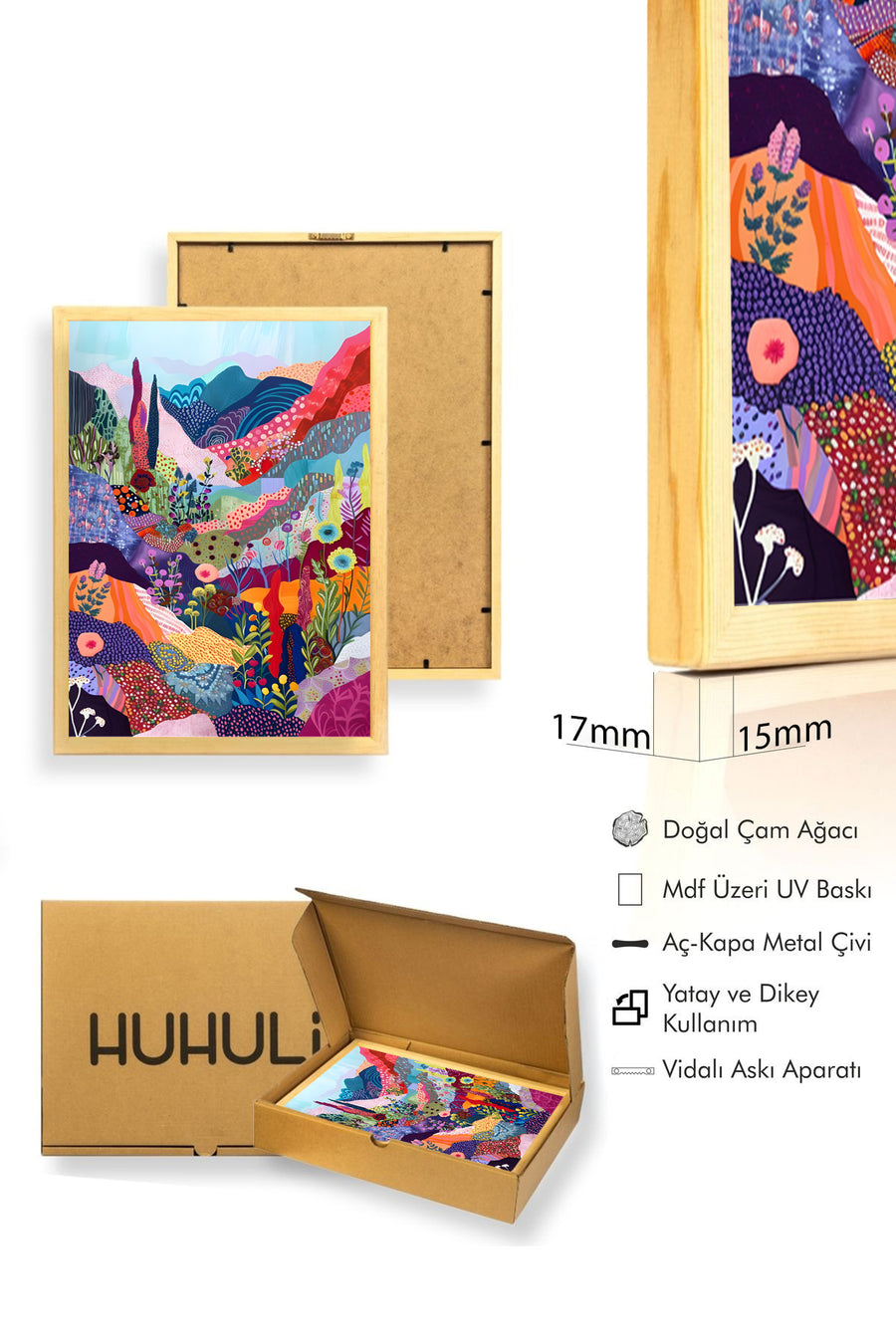 Doğal Ahşap Çerçeveli Soyut Manzaralı Tablo - Canlı Tonlar | huhu2015