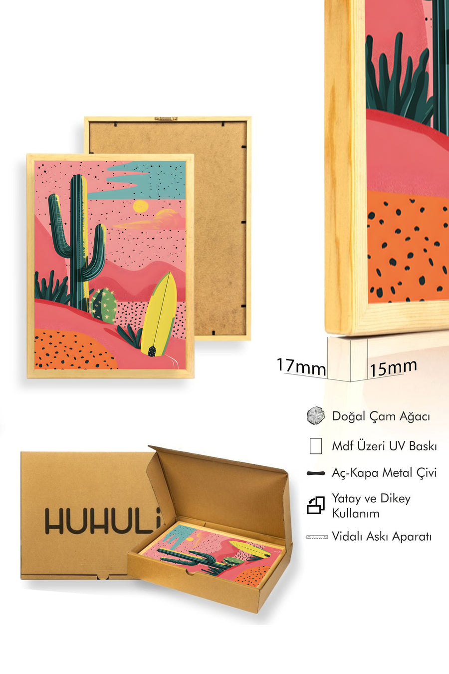 Doğal Ahşap Çerçeveli Kaktüs Desenli Tablo - Boho Gün Batımı | huhu2018